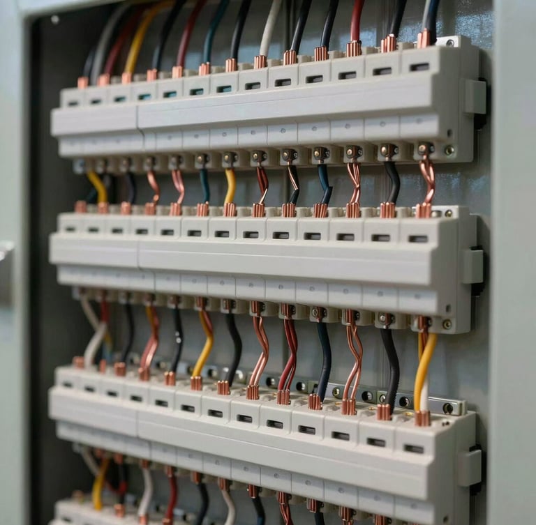 Macro shot of a highly organized electrical distribution board, perfectly routed copper wires in parallel rows, clean industrial technical lighting, architectural precision.