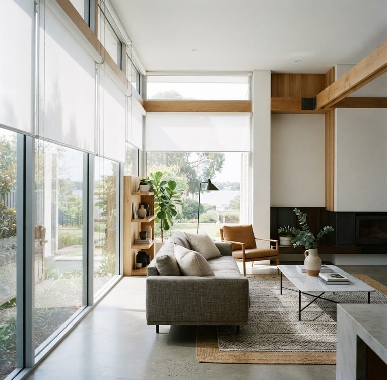 Bright architectural photography of a modern living room in Canning with large windows, natural daylight streaming through crisp white sunscreen roller blinds, high-contrast, 35mm