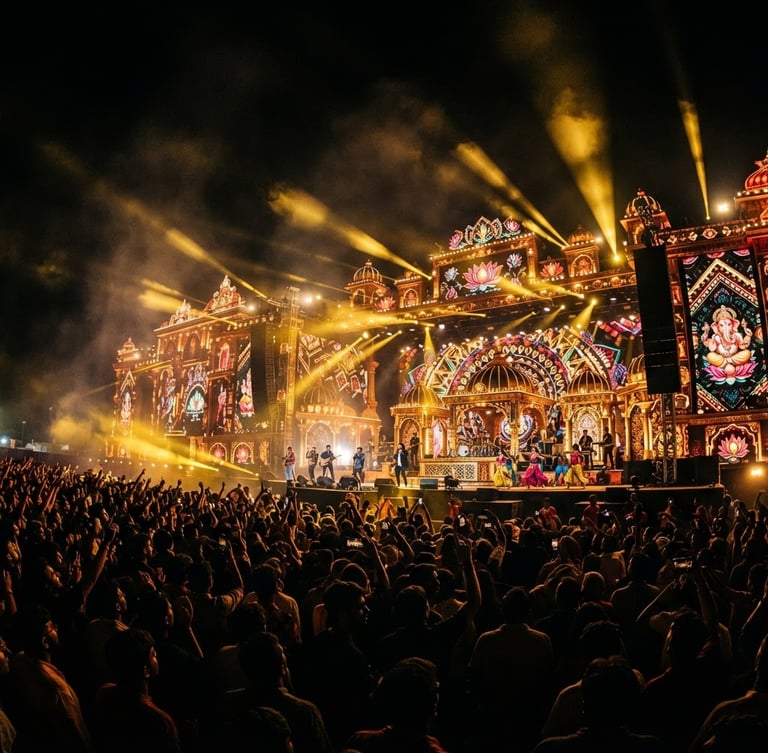 Dramatic wide-angle shot of a massive Indian music festival stage at night, glowing LED walls, golden spotlights cutting through deep black shadows, roaring crowd silhouette in the foreground. High-contrast stage lighting, rich gold tones.
