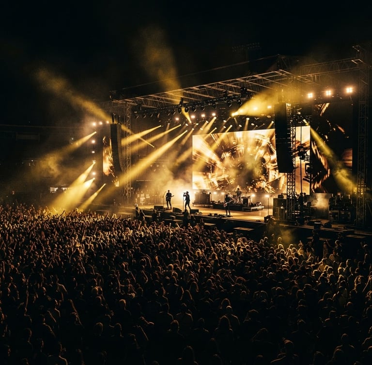 Dramatic wide-angle shot of a massive live concert stage at night, glowing LED walls, golden spotlights cutting through deep shadows, huge energetic crowd in silhouette.