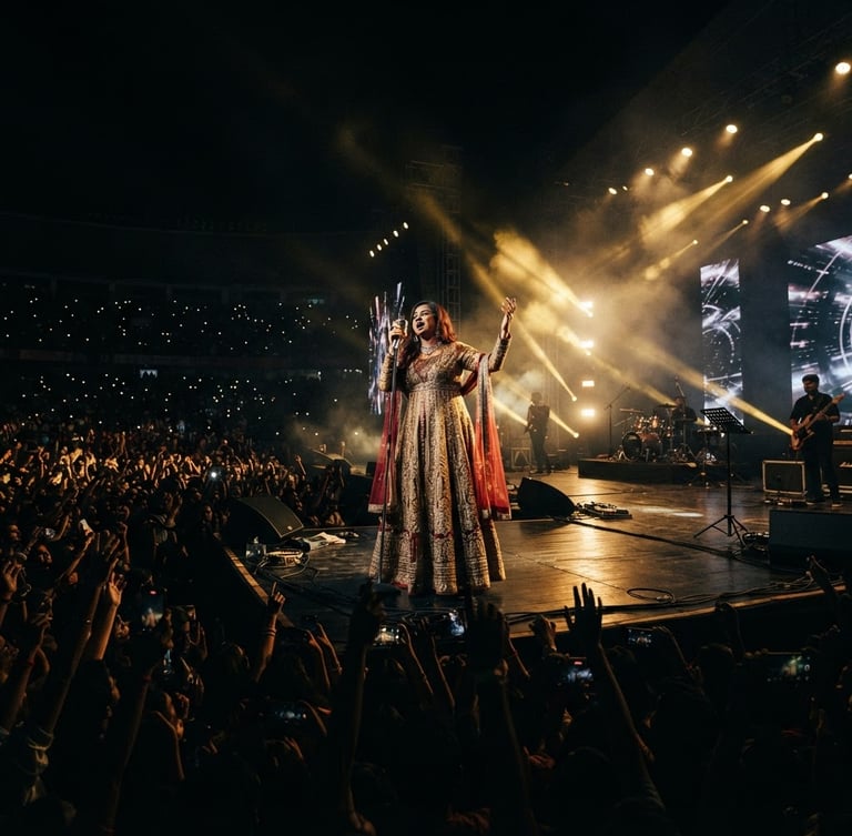 Dramatic wide-angle portrait of a Bollywood singer performing live on a massive stage, golden spotlights cutting through deep shadows, crowd silhouettes in the foreground.
