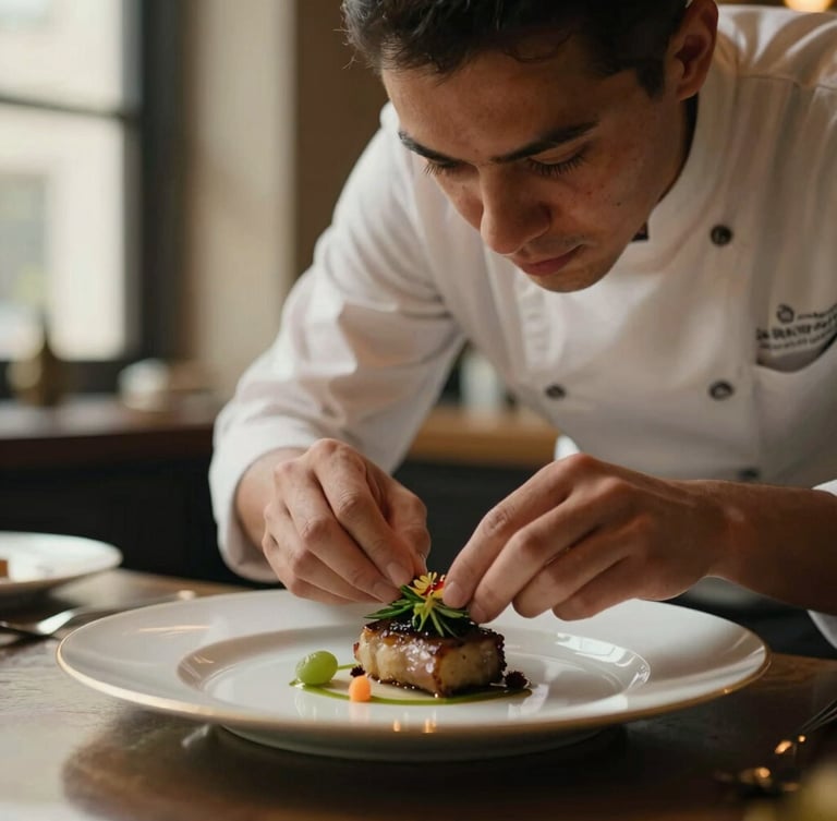 A candid medium close-up of a professional head chef adjusting a garnish on an elegant plate, warm low-key lighting, soft brass tones in the background, shallow depth of field, 35mm