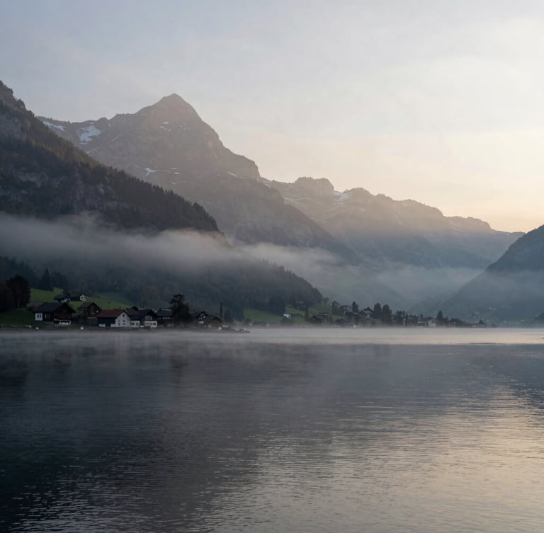 Quiet atmospheric landscape of the Lake Thun region in Switzerland at dawn, soft mountain silhouettes in morning mist, diffused natural light, panoramic 21:9 framing with generous negative space on the right.