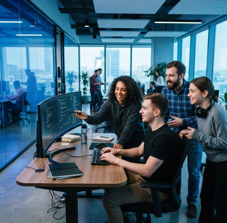 A medium shot of software engineers collaborating in a high-tech modern office, cool blue ambient light reflecting off clean glass partitions, sharp focus, 35mm