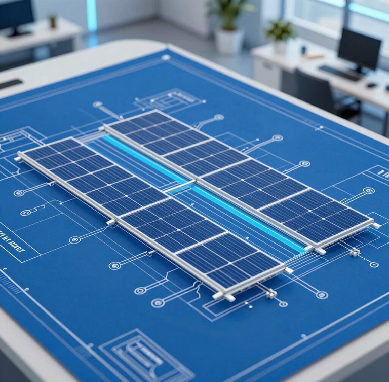 Technical blueprint schematic of a solar power grid integrated with an automotive assembly plant, clean vector lines, blueprint blue background, electric blue accents, 35mm