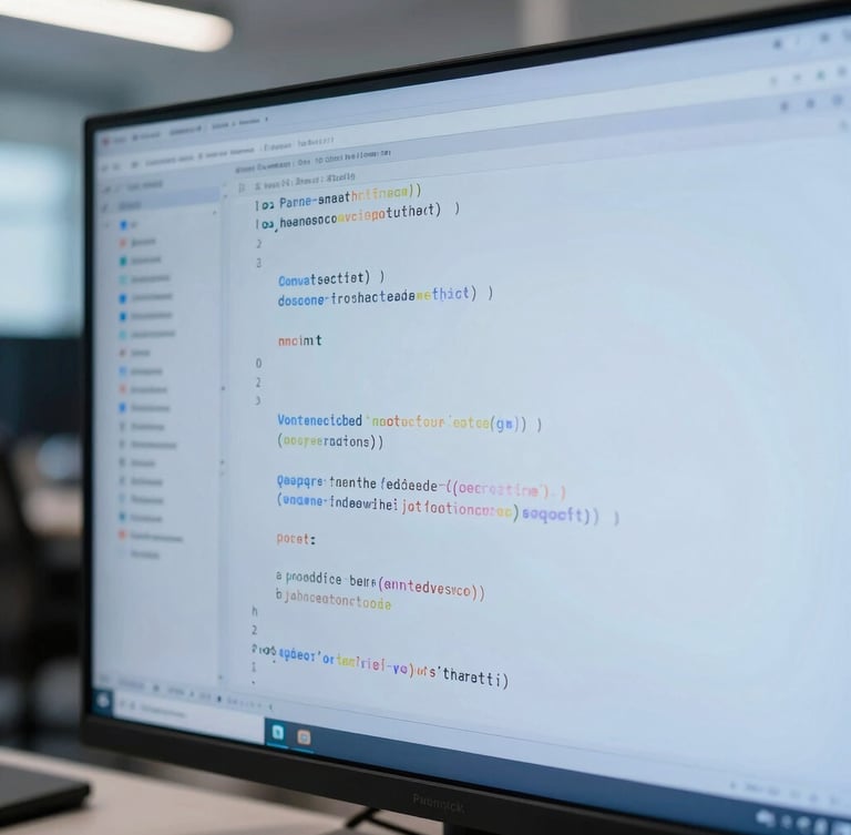 Close-up of clean, structured code on a vertical monitor in a modern IT office, soft blue light casting subtle shadows, crisp corporate photography, 35mm