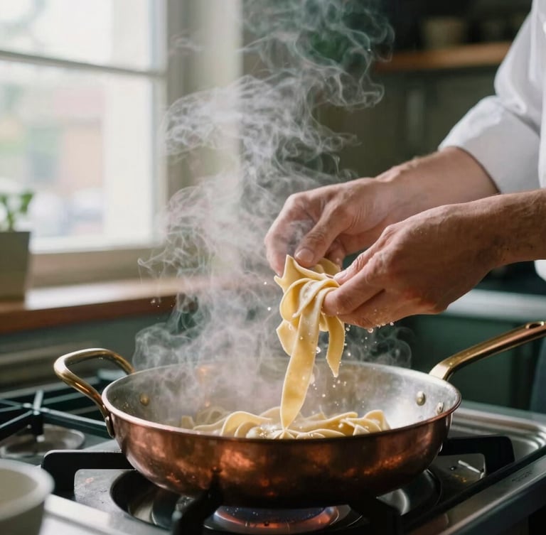 Close-up of steam rising from a hot copper pan in a warm Scandinavian-style restaurant kitchen, chef's hands tossing fresh pasta, soft natural window light, 35mm film look