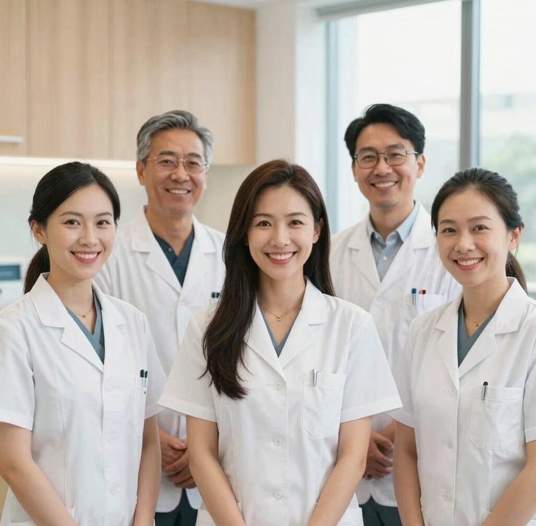 A bright, high-key environmental portrait of diverse multilingual dental clinicians smiling warmly together in a modern Houston clinic with soft wood finishes.