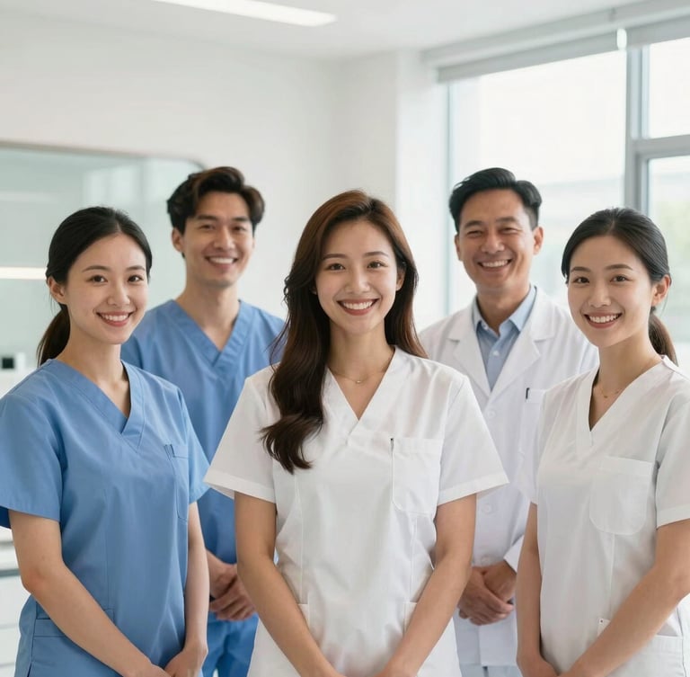 A bright high-key portrait of a diverse, welcoming dental team smiling warmly in a modern, sunlit clinic lobby.