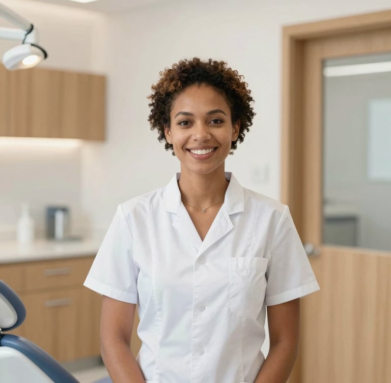 Portrait of a welcoming female dentist of diverse background standing in a bright modern clinic, warm wood accents, soft natural daylight, shallow depth of field