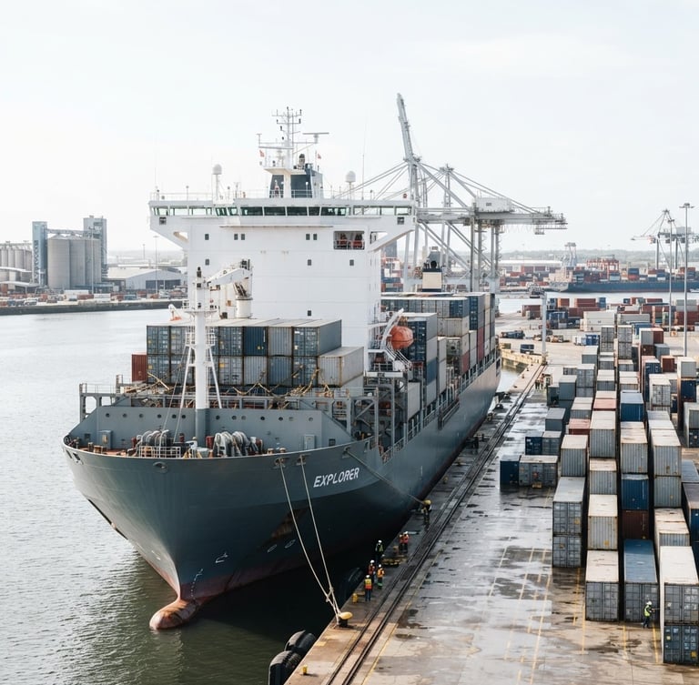 Bright, high-key daylight shot of a modern deep-water container ship at port, sharp focus, clean corporate photography, slate and white tones, 35mm.