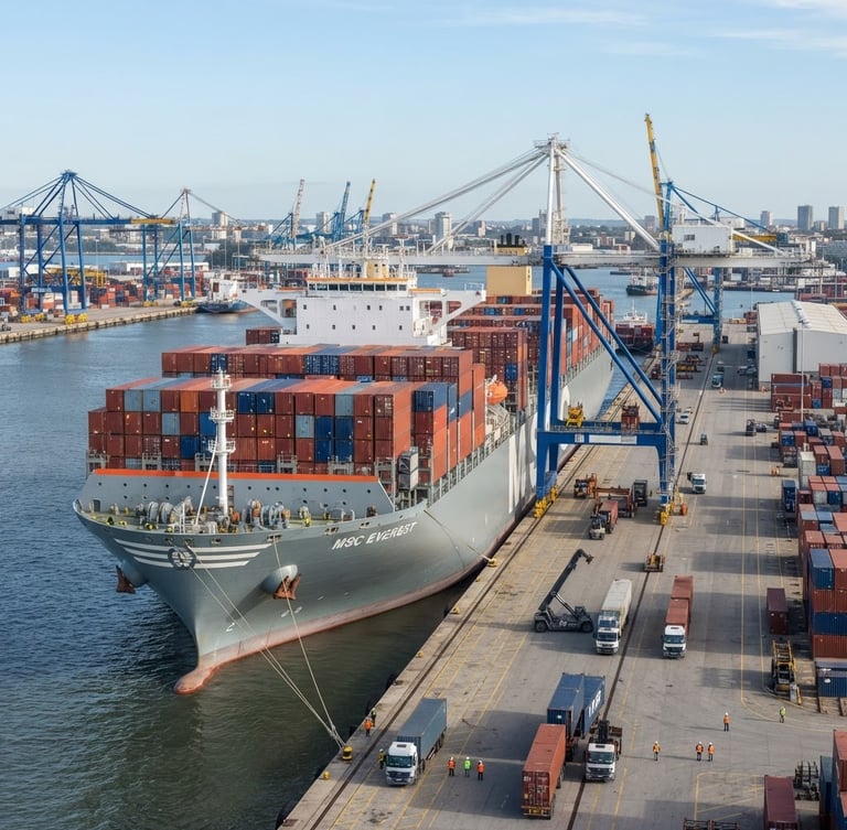 Wide-angle sharp corporate photography of a modern deep-water container ship at port, crisp neutral white daylight, slate and white tones, sharp focus, 35mm