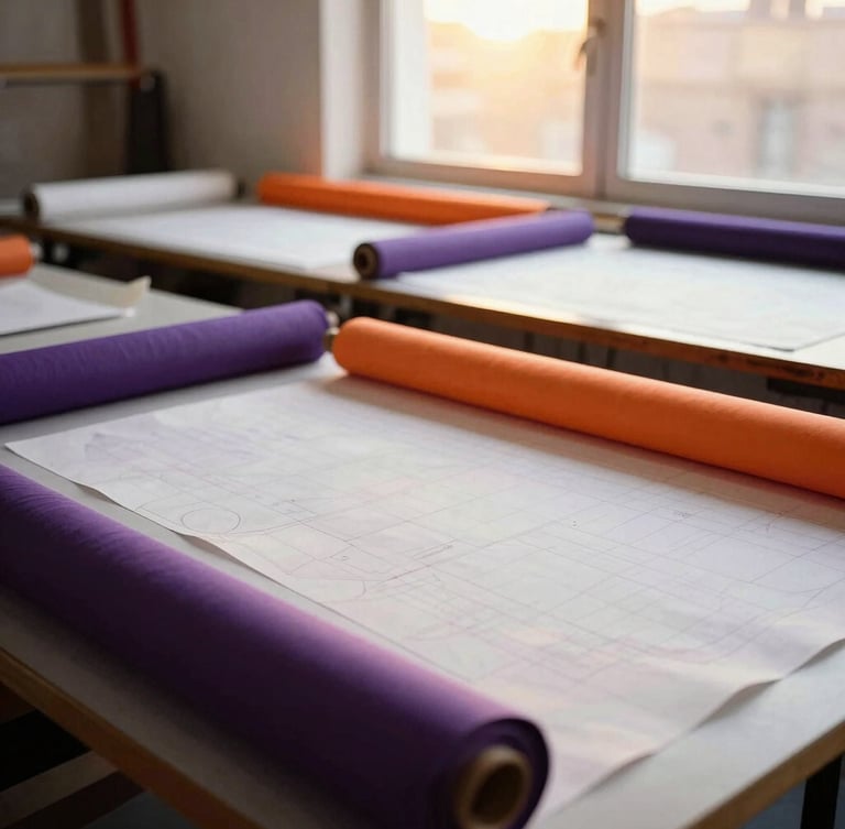 A wide environmental shot of a fashion design studio, cutting tables covered in paper patterns, fabric rolls in deep purple and orange, soft natural light, 35mm.