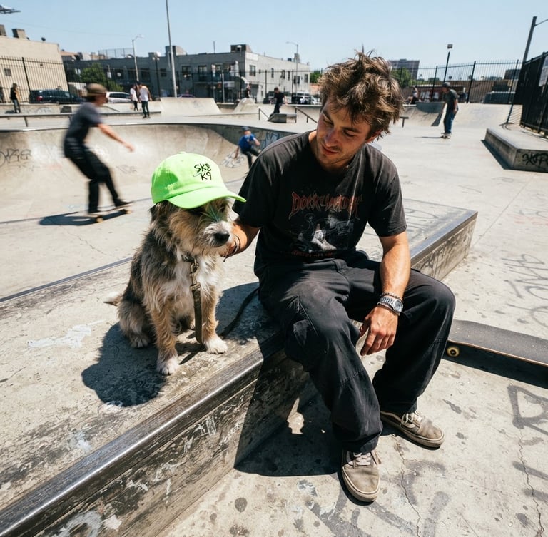 Low-angle wide shot of a dog wearing a neon green embroidered streetwear cap sitting next to its owner on a concrete skatepark ledge. Harsh direct midday sunlight with strong shadows, gritty streetwear photography style, 35mm wide-angle lens.