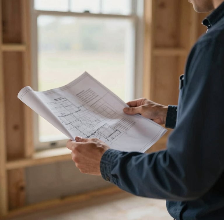 Close-up of working hands holding a blueprint on a Woodbridge construction site, soft natural window light, muted navy and slate tones