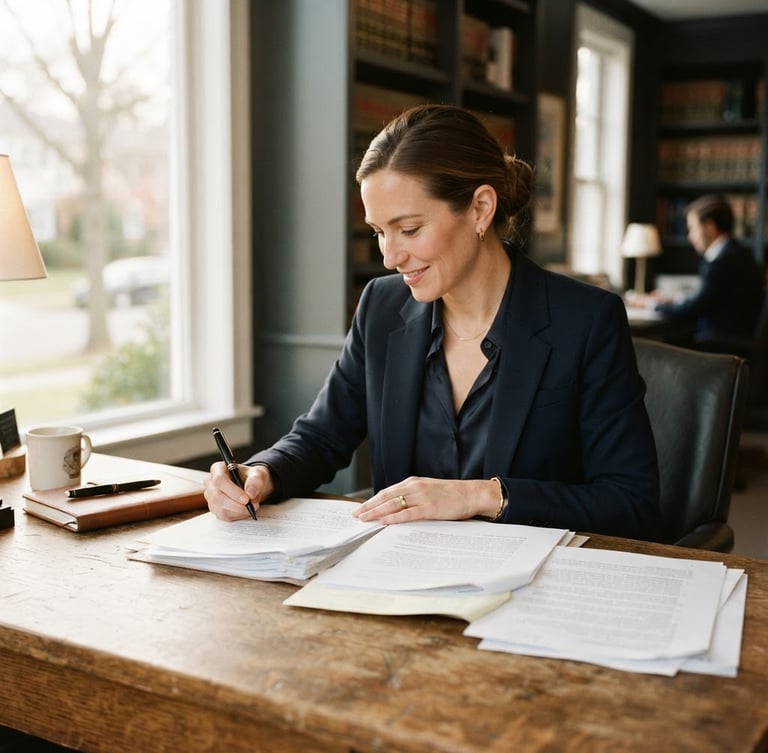 A professional attorney in a Woodbridge office setting, sitting at a wooden desk with legal briefs, soft window light, warm slate tones, shallow depth of field, 35mm