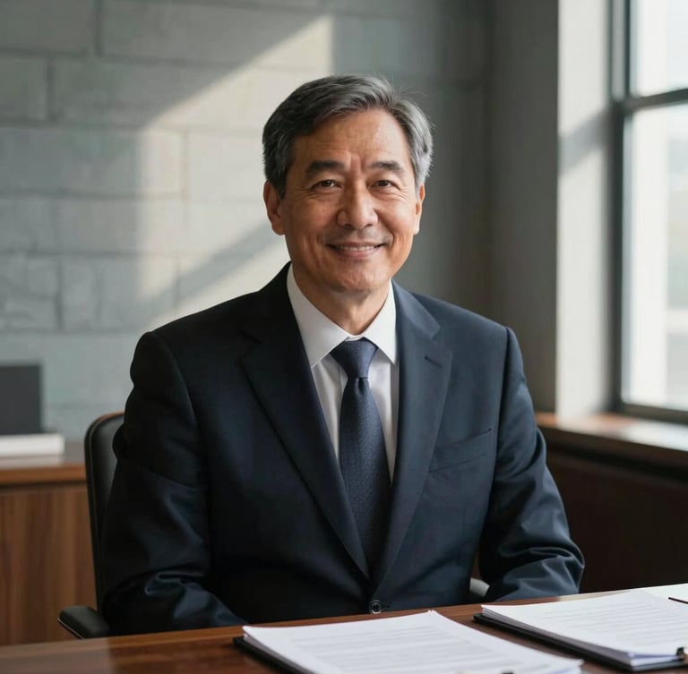 Medium close-up portrait of a professional attorney in a Woodbridge office, warm natural window light illuminating slate-colored walls, legal briefs resting on a dark wood desk, shallow depth of field.