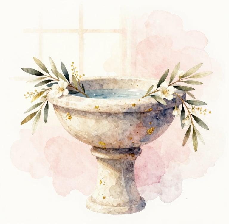 Watercolor painting of a minimalist stone baptismal font adorned with delicate olive branches and tiny white flowers, soft golden light filtering through a window, elegant editorial style
