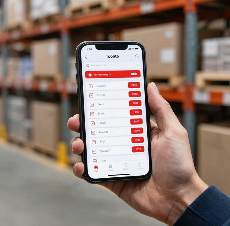 A close-up of a warehouse operator's hand holding a mobile device displaying a clean inventory dashboard with bold red stock alerts, active warehouse racks in the blurred background.