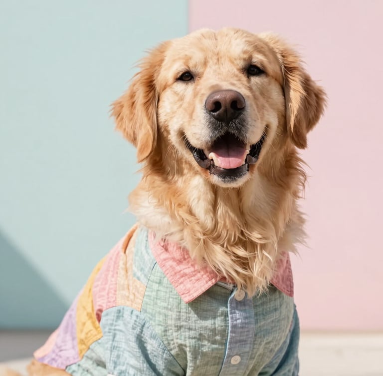 Bright natural pet photography of a happy Golden Retriever wearing a custom colorful linen shirt, cheerful daylight, soft pastel background, candid 35mm style.