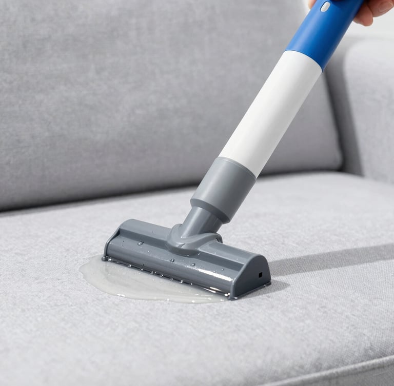 Close-up of a professional extraction nozzle vacuuming dirty water from a light grey fabric sofa, high-key natural daylight, water droplets visible, clinical cleanliness