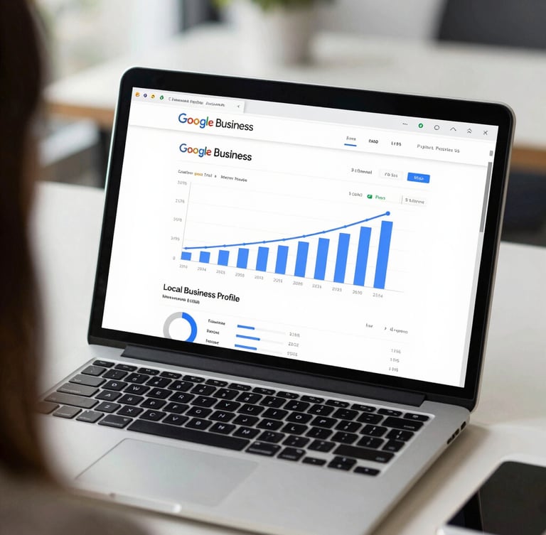 Over-the-shoulder shot of a modern laptop screen displaying a Google Business Profile dashboard showing high-growth local search analytics graphs, crisp corporate lighting