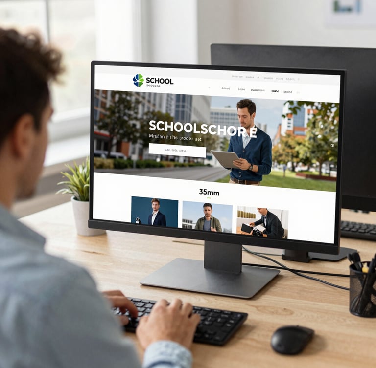 Over-the-shoulder shot of a developer styling a modern school website on a dual-monitor setup, crisp corporate photography, bright natural office light, sharp focus, 35mm lens