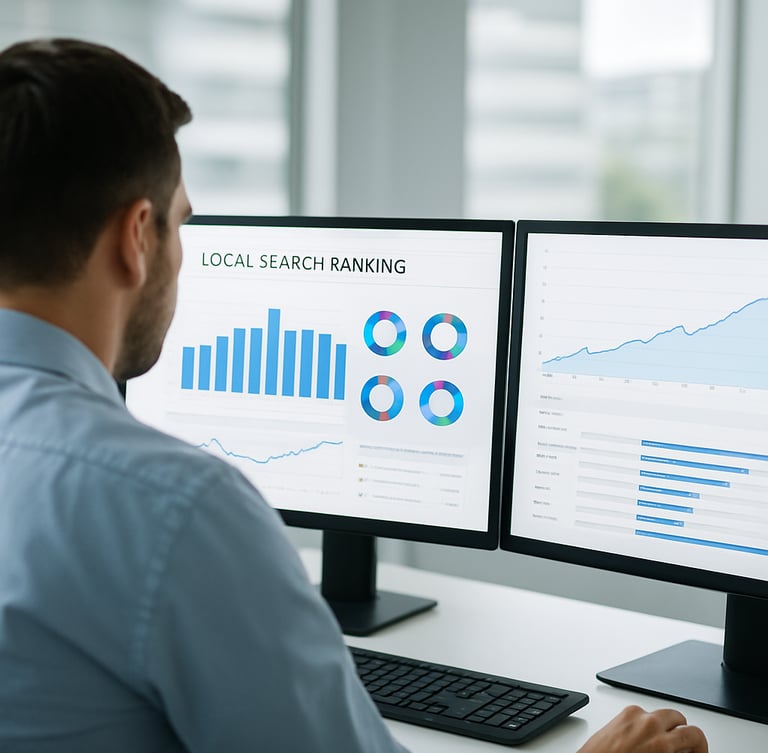 Over-the-shoulder shot of a digital marketer analyzing a local search ranking dashboard on a dual-monitor setup, crisp corporate office lighting, 35mm lens