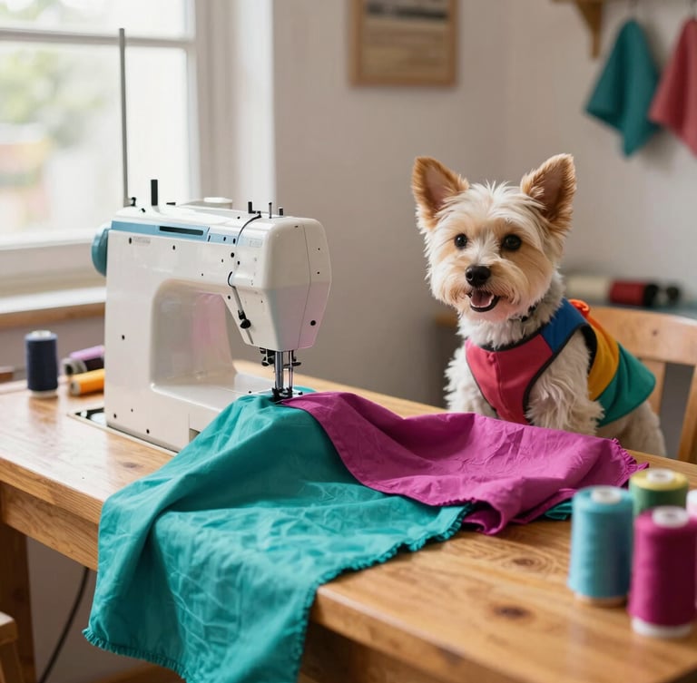 Bright natural light photography of a colorful pet tailoring workshop in Celaya, vibrant teal and magenta fabrics on a wooden table, sewing machine, warm daylight, 35mm