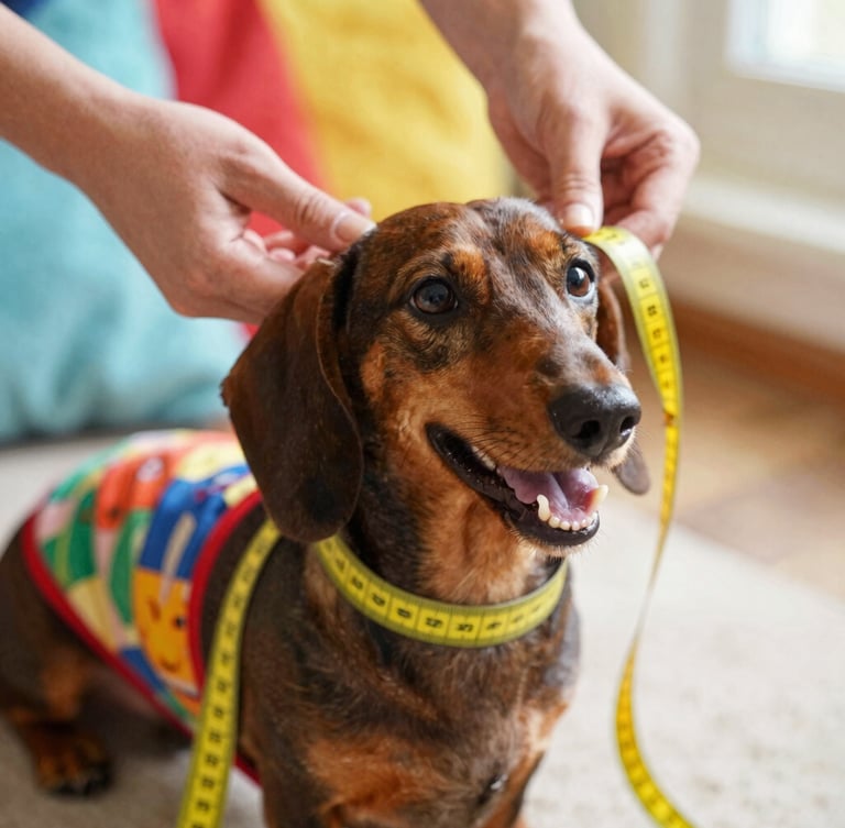 Close-up of hands carefully measuring a happy dachshund with a soft yellow tape measure, warm natural light, colorful fabrics in background, 35mm