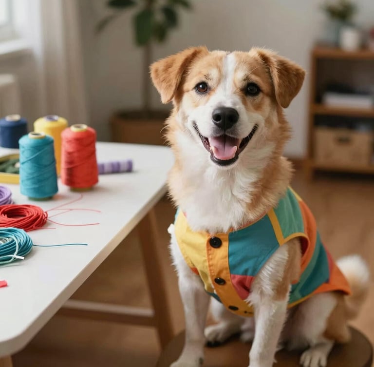 Candid eye-level shot of a happy dog wearing a colorful handmade shirt, sitting next to a tailoring table with colorful threads, warm home setting, soft focus, 35mm