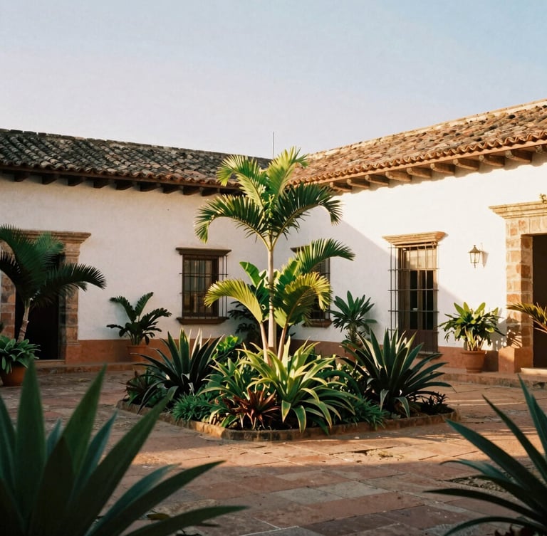 Wide environmental shot of a sun-dappled colonial courtyard in Mompox, whitewashed plaster walls, lush green botanical plants, warm golden-hour light, 35mm film style