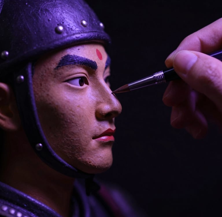 Extreme macro photography of a miniature warrior face being painted with a fine brush, dramatic lateral purple lighting, high contrast, dark background, 85mm