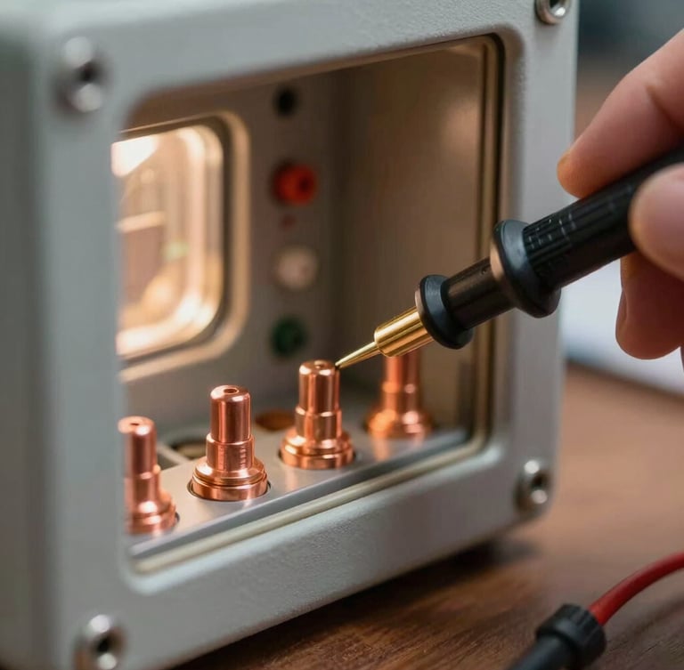Macro close-up of a digital multimeter testing a copper terminal inside a clean furnace control panel, sharp focus on the probe tip, warm ambient utility light.