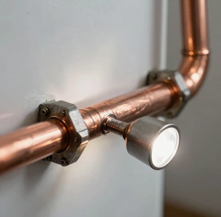 Tight macro shot of clean copper pipe soldering on a residential furnace, bright flashlight illumination casting sharp shadows, mechanical focus.