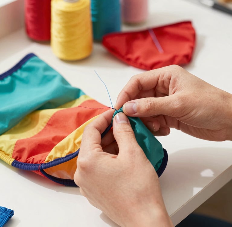 Close-up of hands carefully stitching a colorful pet garment in a bright workshop, vibrant fabrics and threads visible in the background, warm natural daylight