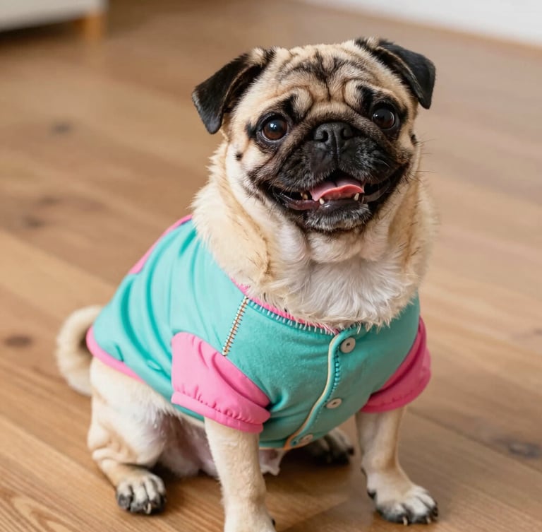 A joyful pug wearing a custom colorful teal and pink summer shirt, sitting happily on a wooden floor, bright natural daylight, eye-level angle, detailed handmade stitching visible