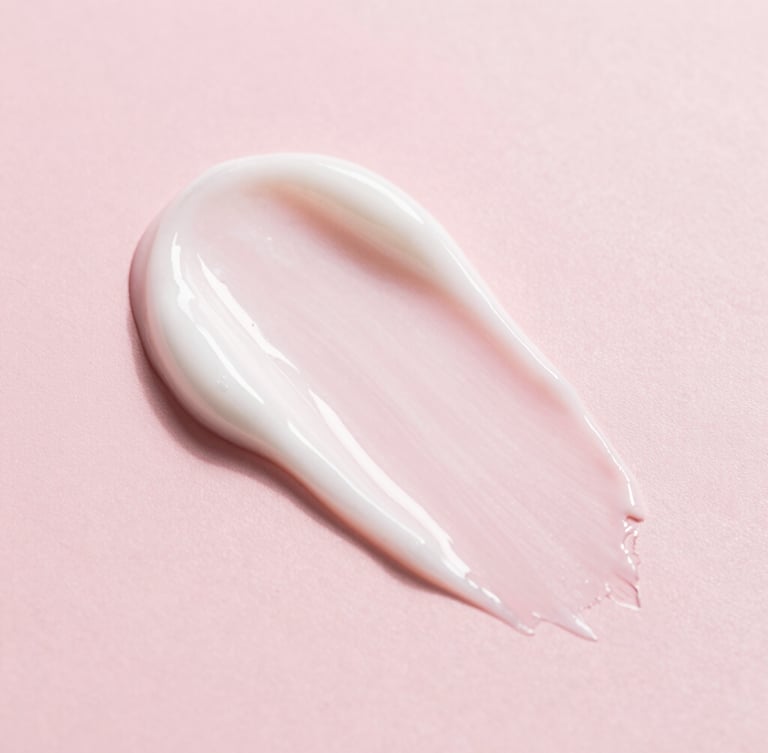 Macro texture close-up of a rich, hydrating cream being gently spread on diverse skin, showing soft light reflection, pastel pink background, clean beauty product photography, soft diffused daylight, minimalist composition, 50mm lens.
