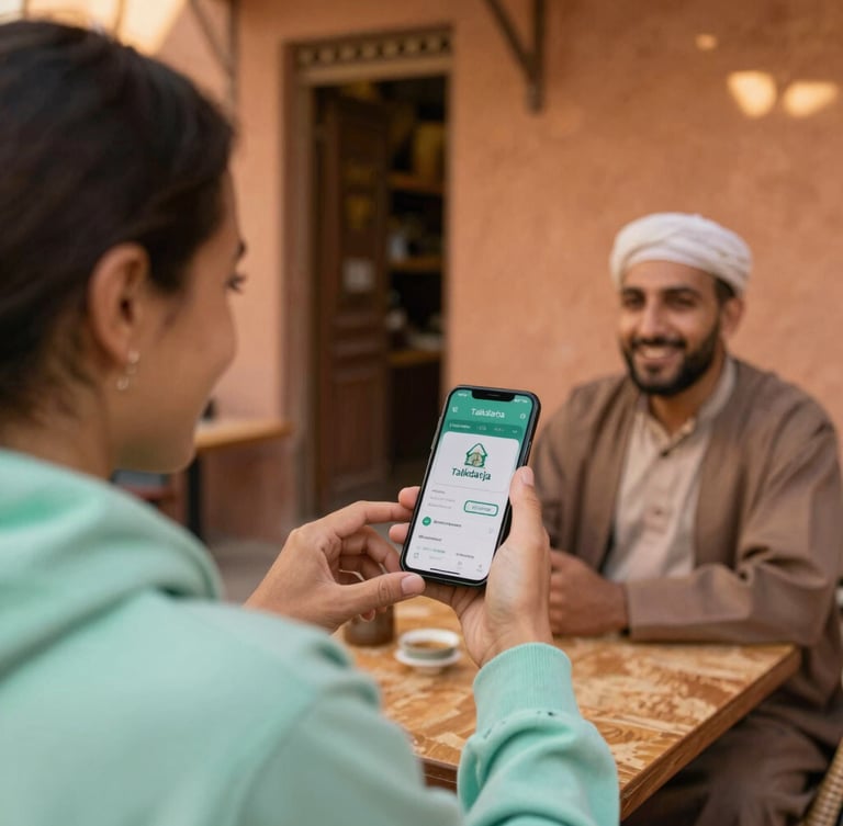 Over-the-shoulder shot of a traveler showing the Talkdarija app on a smartphone to a smiling local shopkeeper in a warm terracotta-walled Moroccan cafe, soft golden light.