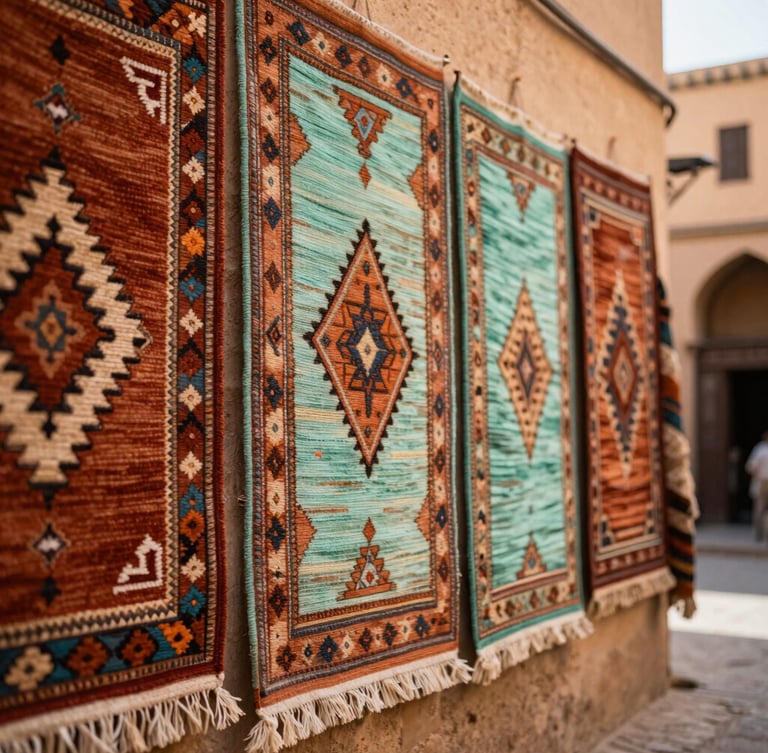 Close-up of hand-woven Moroccan carpets with intricate geometric patterns, hanging in a sunlit alleyway of the Fez medina, warm earthy tones.