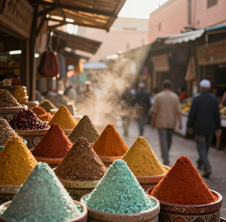 Wide angle shot of a bustling market in Marrakech, spices piled high in colorful cones, sunbeams filtering through wooden slats, warm dust in the air.