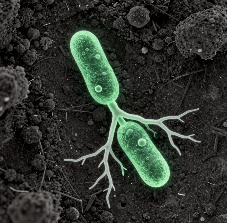 High-resolution laboratory assay showing fluorescent green bacteria actively colonizing a root system against a deep charcoal soil matrix, microscopic depth of field.
