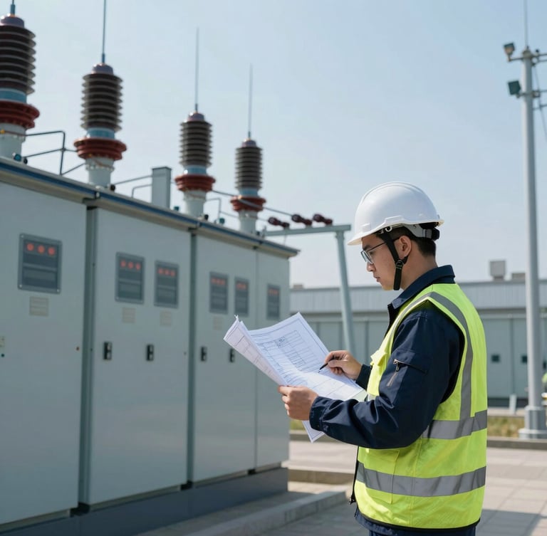 Wide-angle crisp daylight shot of an electrical engineer in safety gear reviewing blueprints next to a medium-voltage substation, cool blue tones, technical precision