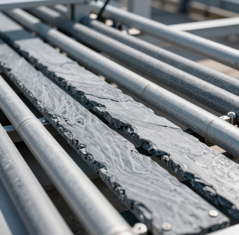 Crisp daylight shot of neatly organized cable trays and heavy electrical conduits in a modern industrial plant, sharp technical details, cool slate gray tones