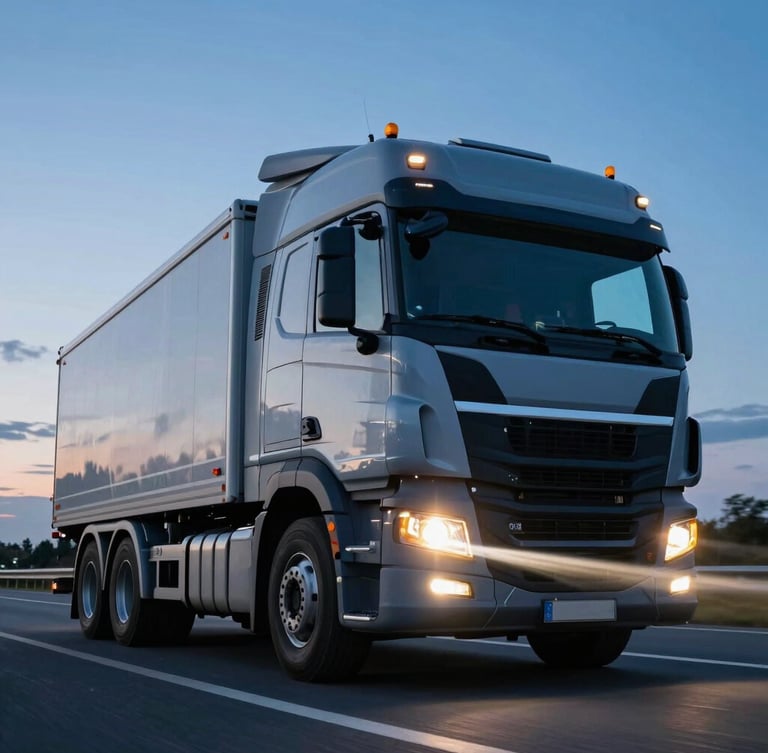 Dynamic low-angle shot of a modern heavy-duty truck on a German highway at twilight, cool blue tones with sharp yellow headlight trails, clean metallic surfaces, expansive sky.
