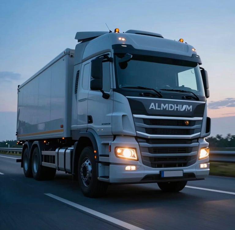 Dynamic low-angle shot of a modern heavy-duty Almadhlom truck driving on a European highway at twilight, cool blue tones with bright yellow headlight streaks, motion blur, clean technical framing.