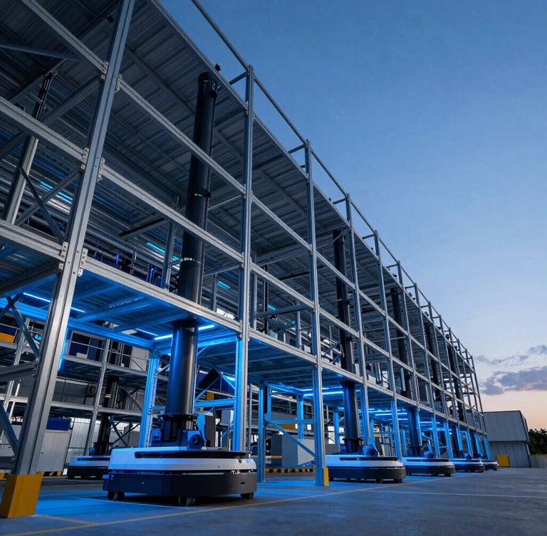 Dynamic low-angle shot of a modern automated warehouse interior at twilight, cool blue LED lighting on geometric steel racking, automated guided vehicles visible, wide perspective.