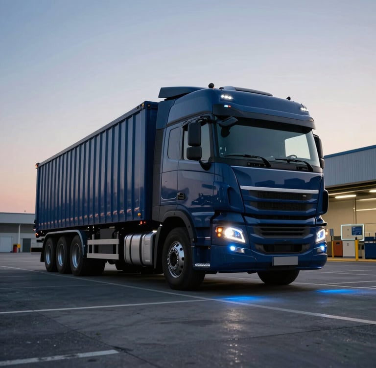 Low-angle wide shot of a modern dark-blue heavy transport truck parked at an automated distribution center terminal at dusk, cool blue LEDs casting sharp geometric light on the asphalt.