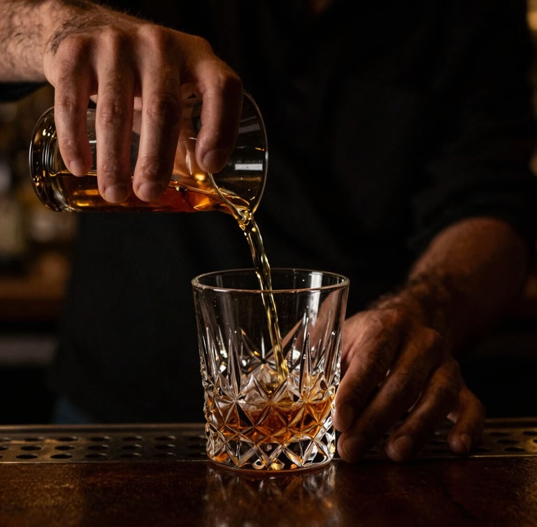 Dark moody macro shot of a bartender's hands in calm motion pouring a golden amber liquid from a mixing glass, shallow depth of field, low-key lighting