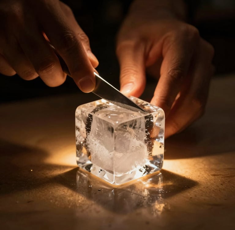 Macro close-up of hands carving a perfect cube of crystal clear ice with a knife under a warm amber spotlight, rich shadows, dark moody background, shallow depth of field